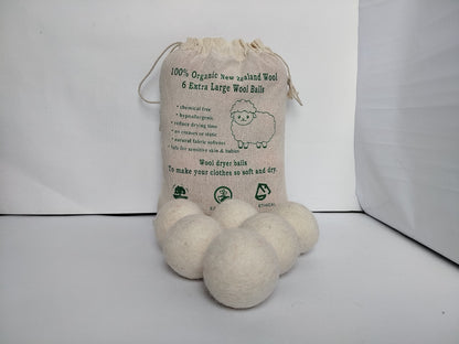 Wool Dryer Balls - Set of 6 - Large eco friendly natural wool tumble dryer balls - unscented handmade, White