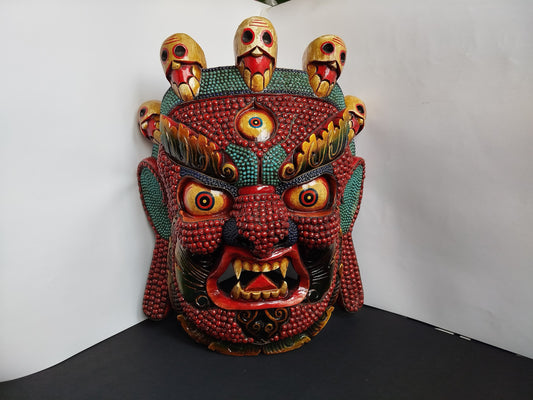 Magnificent Nepal Turquoise & Coral Bhairab wall hanging Wooden Statue Mask  – the “Mask of Annihilation" BIG