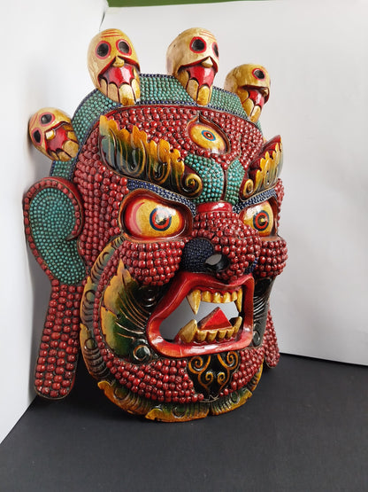 Magnificent Nepal Turquoise & Coral Bhairab wall hanging Wooden Statue Mask  – the “Mask of Annihilation" BIG