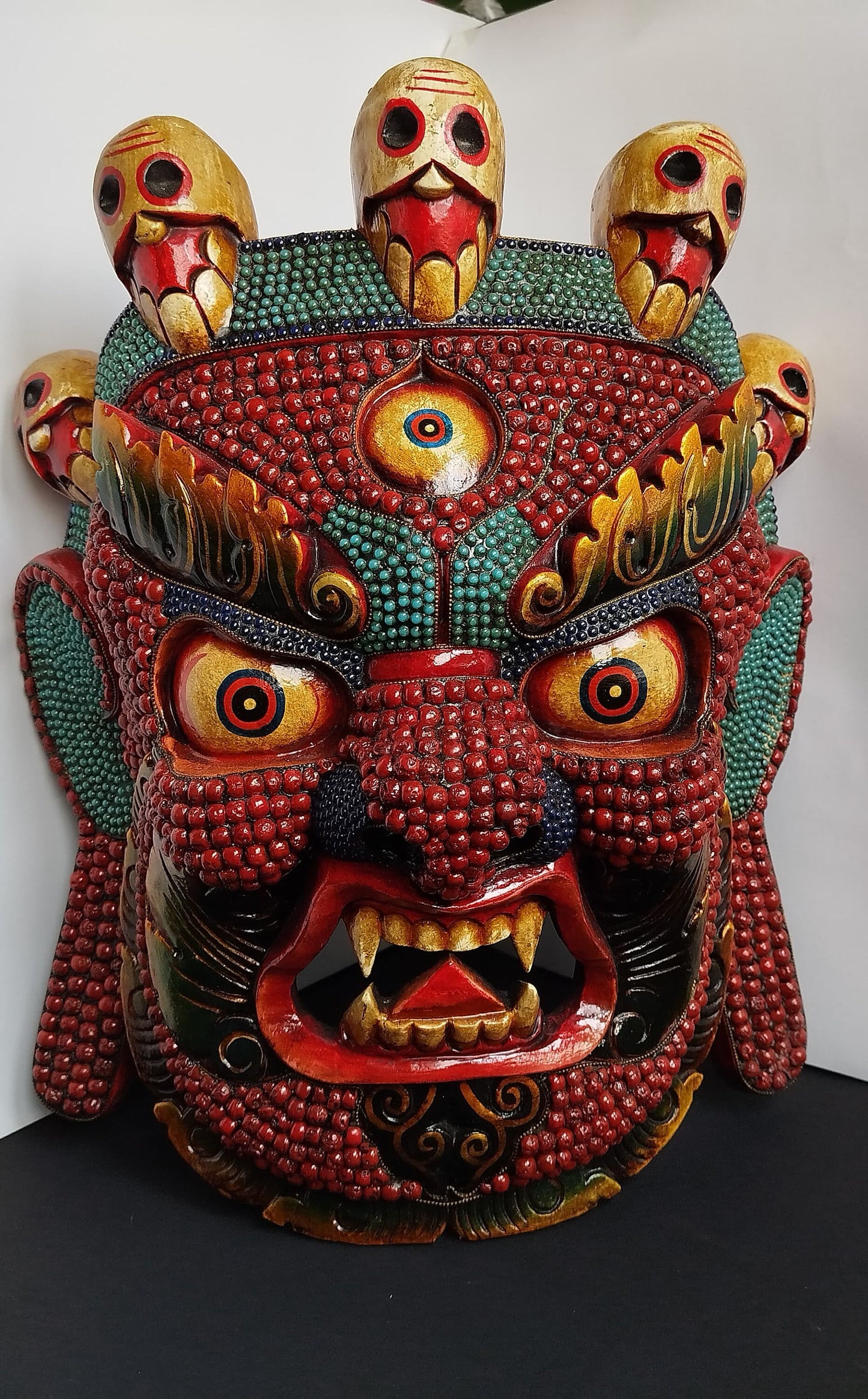 Magnificent Nepal Turquoise & Coral Bhairab wall hanging Wooden Statue Mask  – the “Mask of Annihilation" BIG