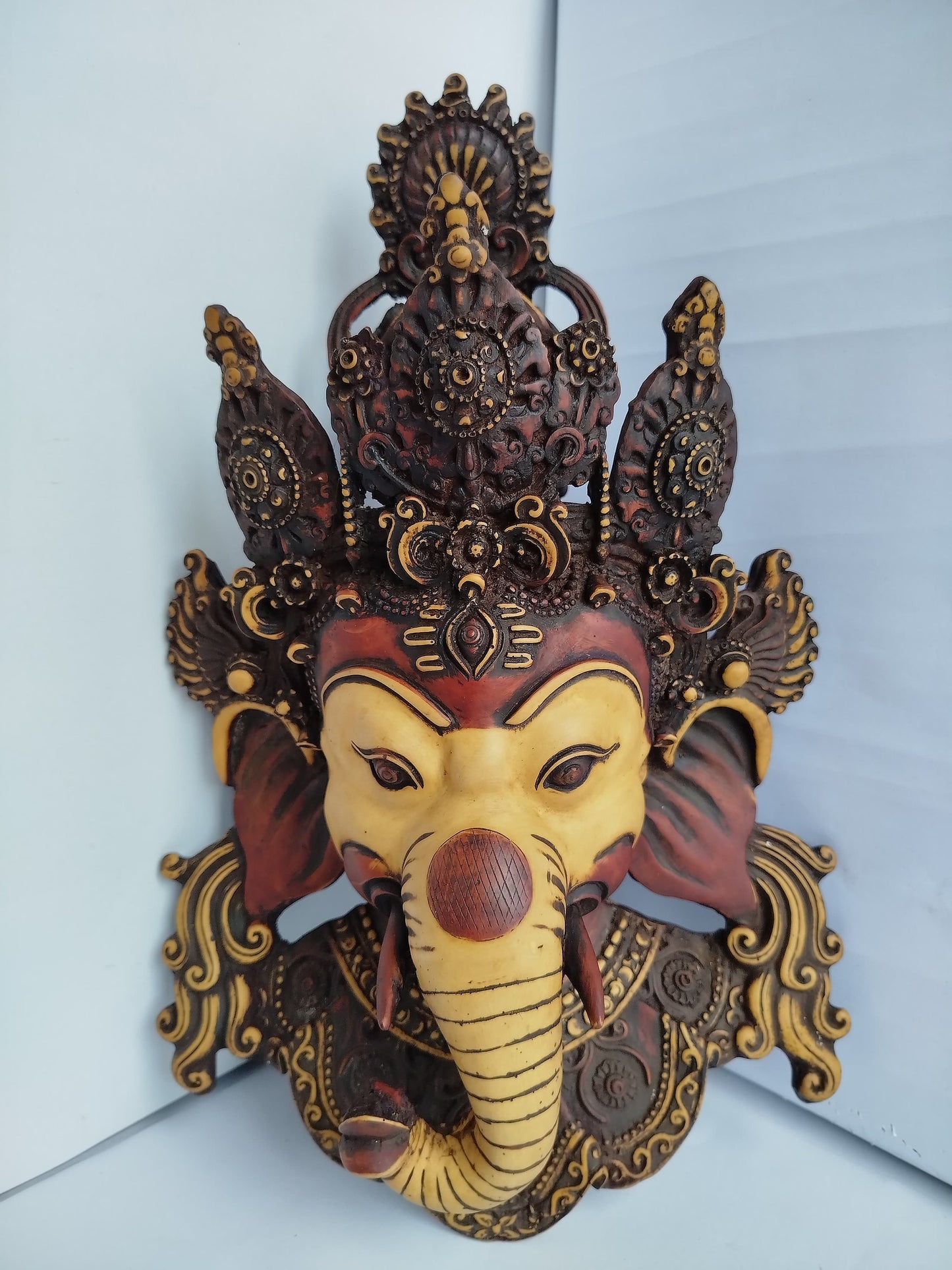 Tibetan Buddhist Statue Ganesh Mask (16") Nepali Antiques Handmade Statue Wall Decor