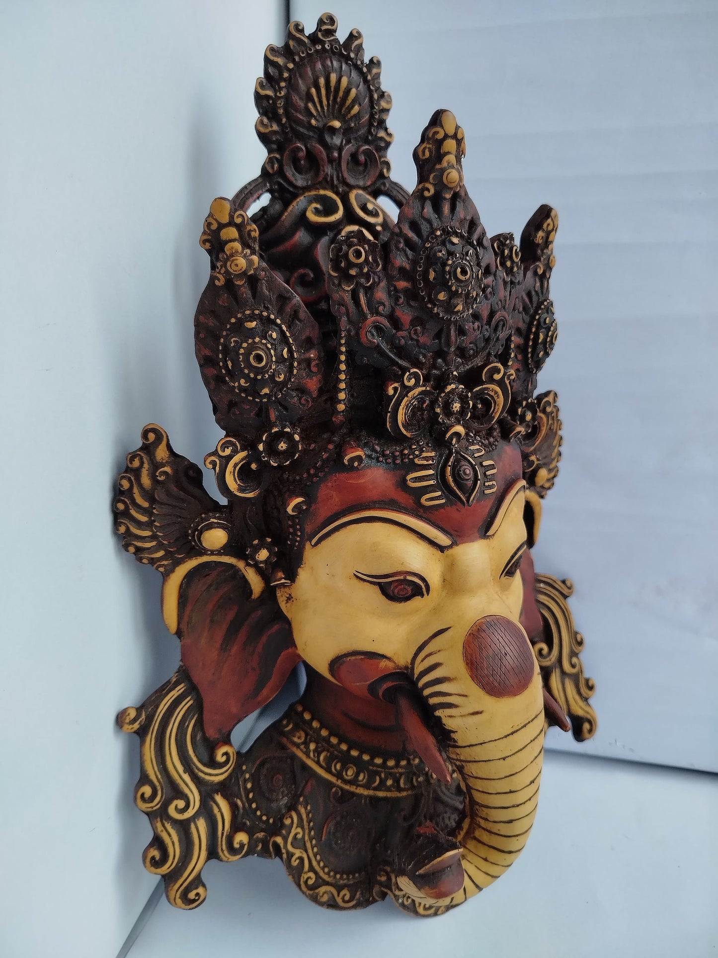 Tibetan Buddhist Statue Ganesh Mask (16") Nepali Antiques Handmade Statue Wall Decor