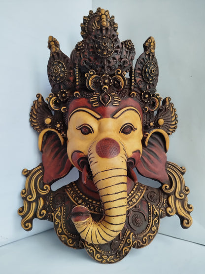 Tibetan Buddhist Statue Ganesh Mask (16") Nepali Antiques Handmade Statue Wall Decor