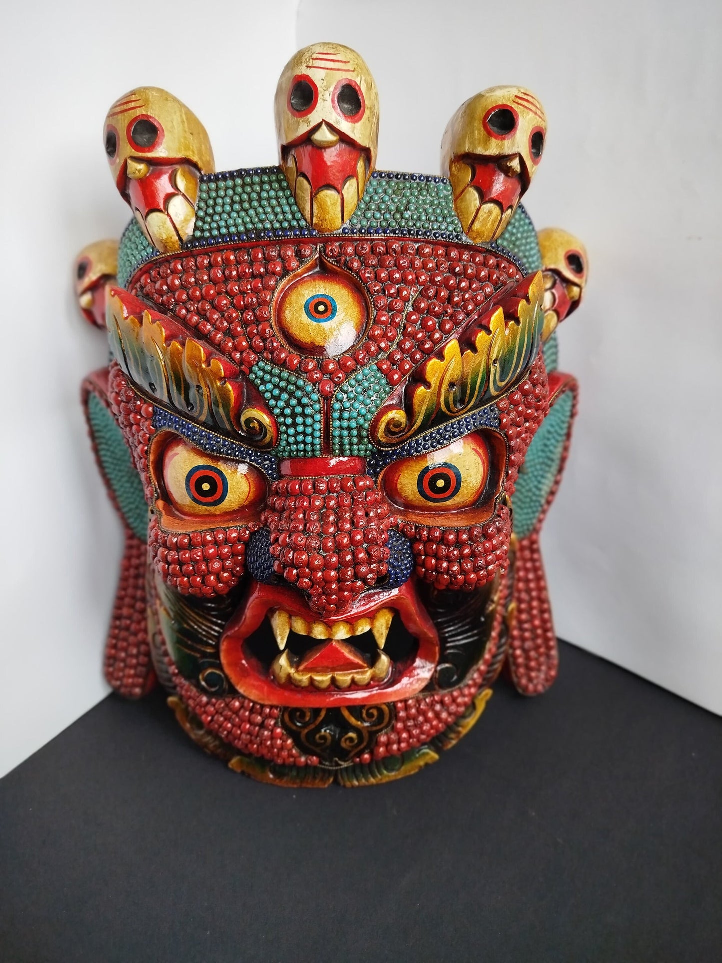 Magnificent Nepal Turquoise & Coral Bhairab wall hanging Wooden Statue Mask  – the “Mask of Annihilation" BIG