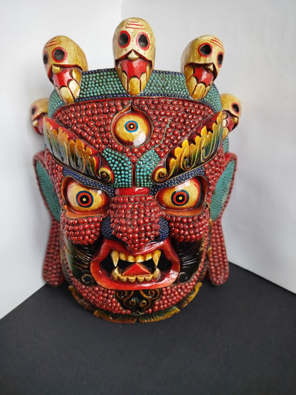 Magnificent Nepal Turquoise & Coral Bhairab wall hanging Wooden Statue Mask  – the “Mask of Annihilation" BIG