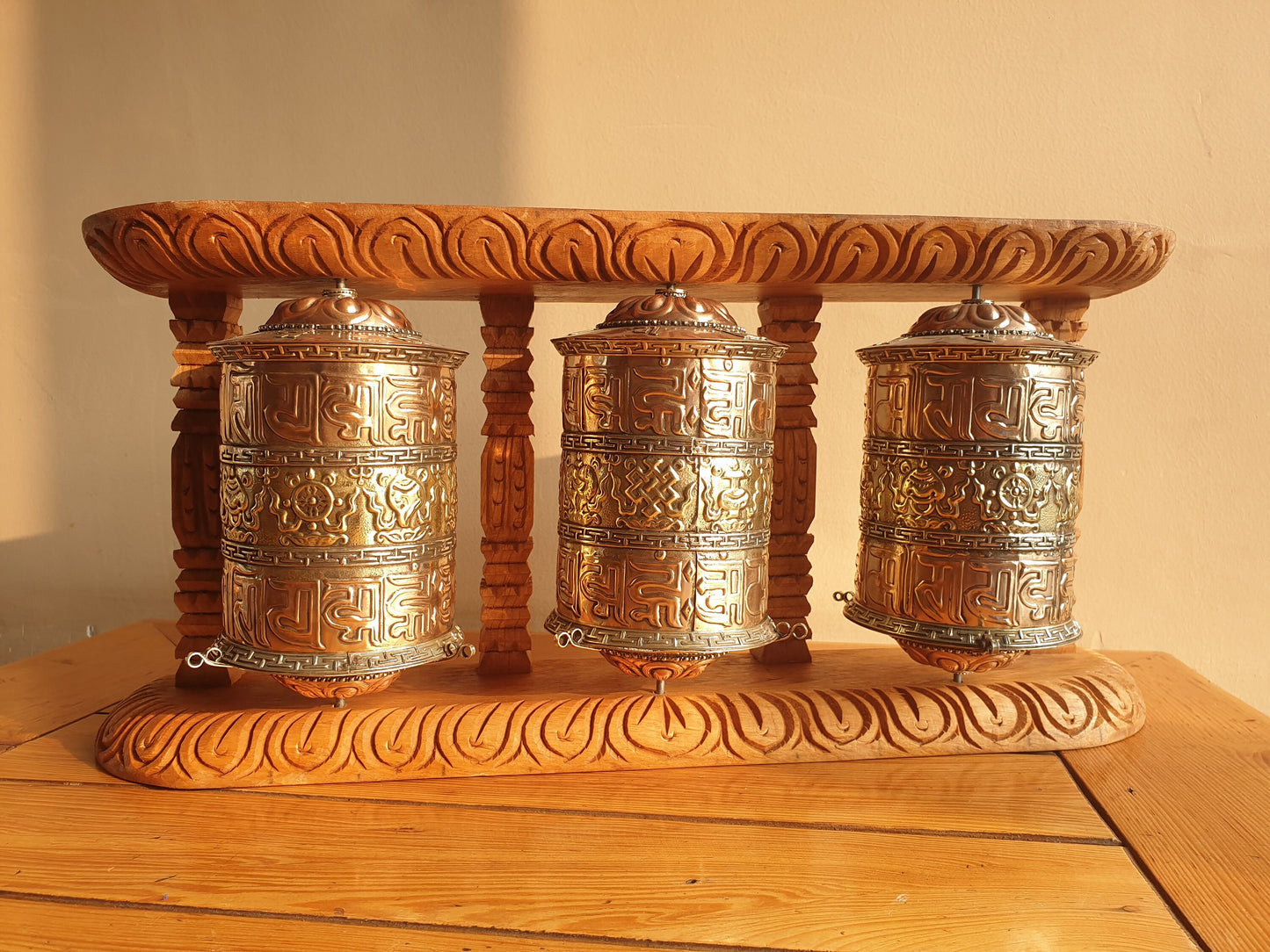 Tibetan Prayer Wheel • Wall Mounted Buddhist Wooden Om Mani Padme Hum Mantra Carved Spinning Prayer Wheel • Tibetan Handmade Spinning Wheel