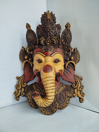 Tibetan Buddhist Statue Ganesh Mask (16") Nepali Antiques Handmade Statue Wall Decor