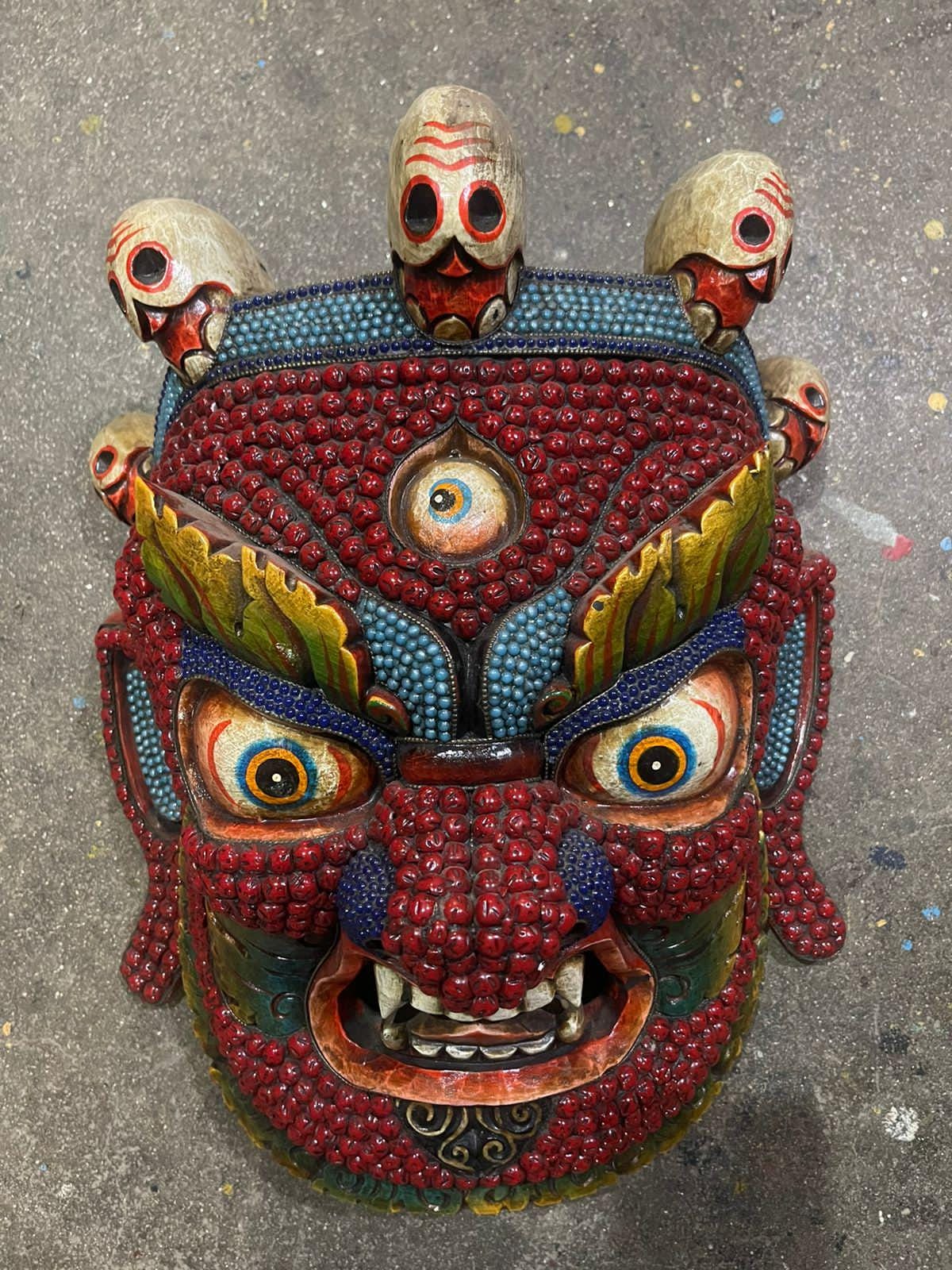 Wooden Mahakala Face  , Handmade Wooden Bhairava Hanging Mask, Hindu Deity, Turquoise & Coral Stone Wall Hanging, Bhairav Mask Wall Decor