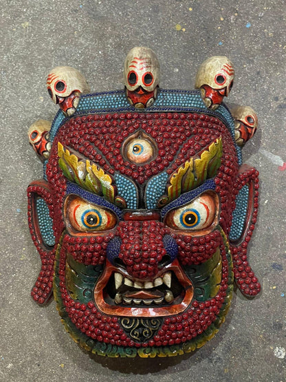 Wooden Mahakala Face  , Handmade Wooden Bhairava Hanging Mask, Hindu Deity, Turquoise & Coral Stone Wall Hanging, Bhairav Mask Wall Decor