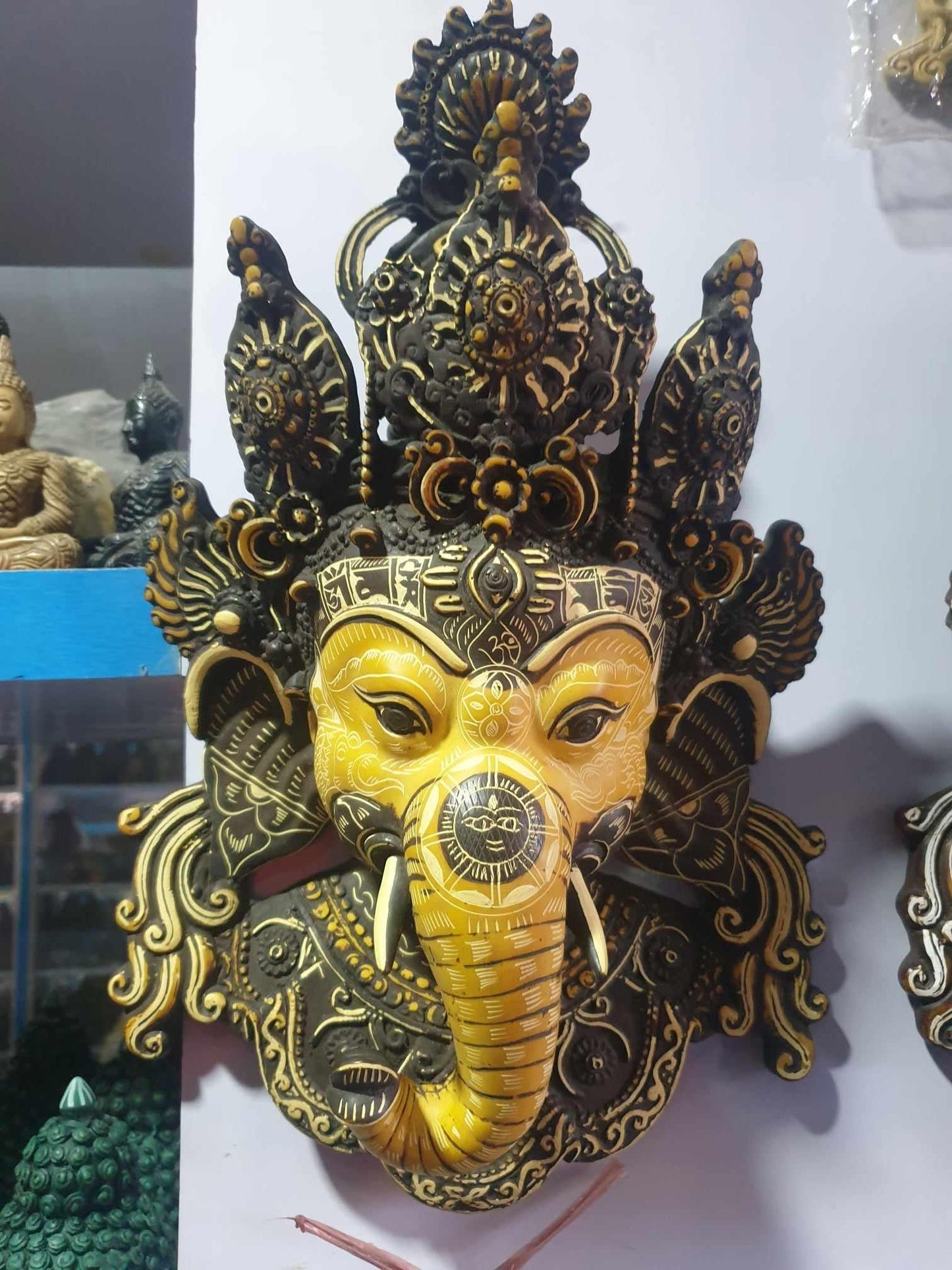 Ganesh Mask, Ganesh Wall Decor, Colorful Ganesha Hanging, 16 inches Long Ganesh Statue, Ganesha Head Statue, Elephant god Head Resin Statue