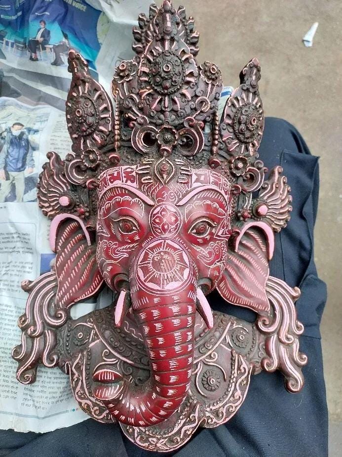 Ganesh Mask, Ganesh Wall Decor, Colorful Ganesha Hanging, 16 inches Long Ganesh Statue, Ganesha Head Statue, Elephant god Head Resin Statue