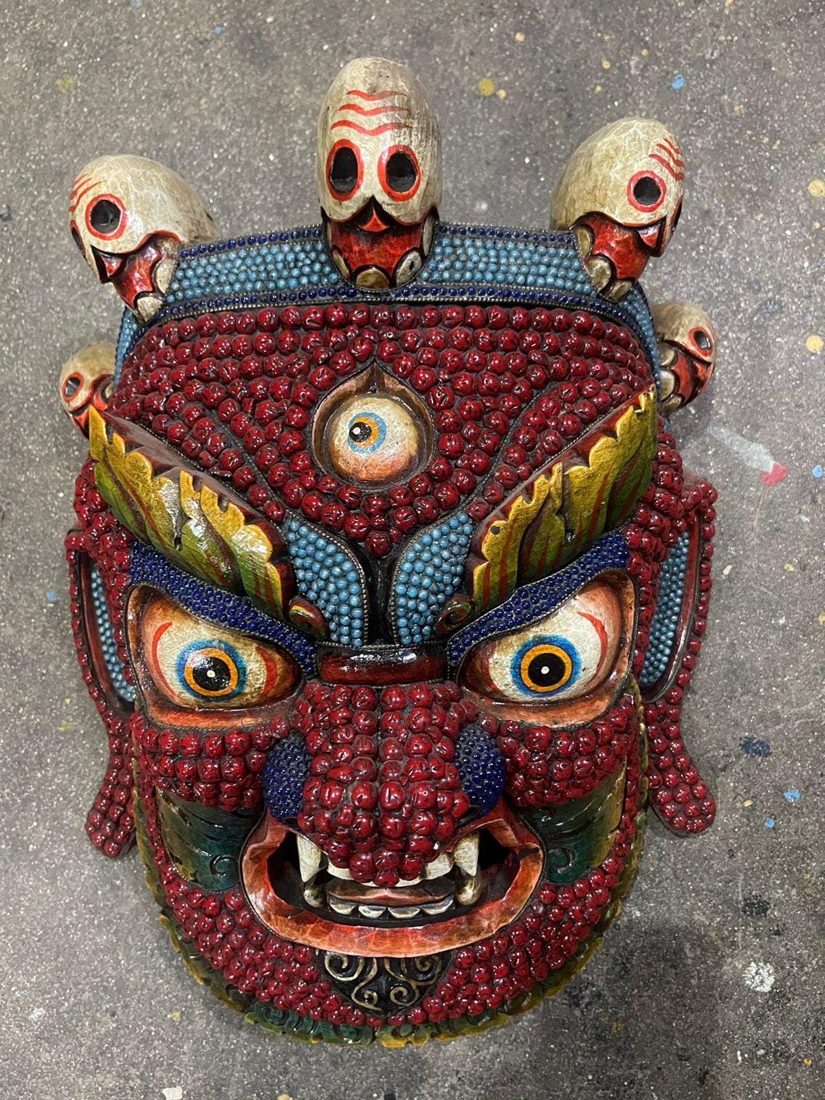 Wooden Mahakala Face  , Handmade Wooden Bhairava Hanging Mask, Hindu Deity, Turquoise & Coral Stone Wall Hanging, Bhairav Mask Wall Decor