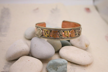 Pure Copper Bracelet - Healing Bracelet - Copper Cuff Bangle - Handmade in Nepal - Ideal for Gift, Om Mani Padhme Hum tri metal  mix Newa