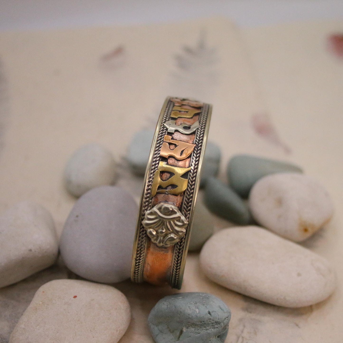 Pure Copper Bracelet - Healing Bracelet - Copper Cuff Bangle - Handmade in Nepal - Ideal for Gift, Om Mani Padhme Hum tri metal  mix Newa