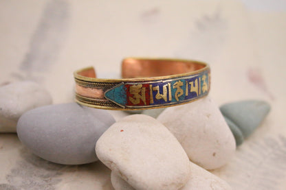 Pure Copper Bracelet - Healing Bracelet - Copper Cuff Bangle - Handmade in Nepal - Ideal for Gift, Om Mani Padhme Hum stone Inley