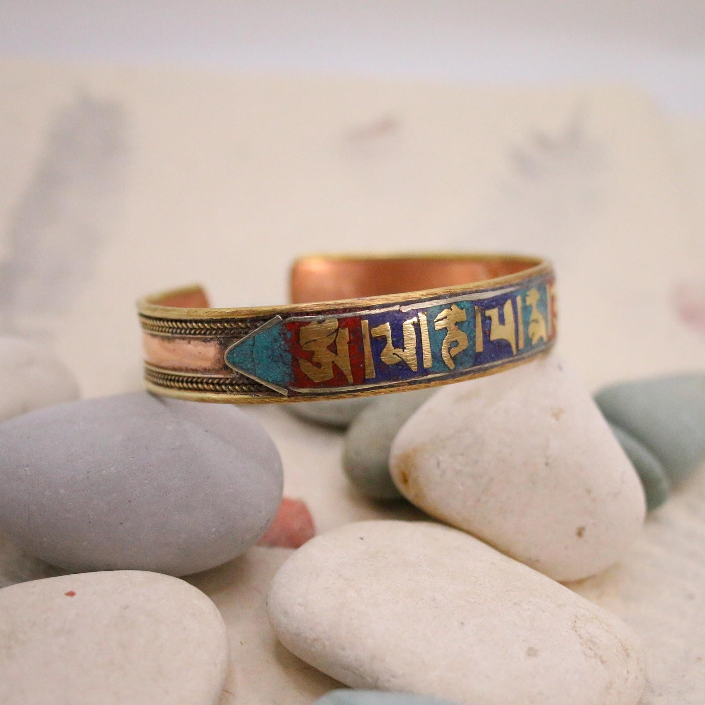 Pure Copper Bracelet - Healing Bracelet - Copper Cuff Bangle - Handmade in Nepal - Ideal for Gift, Om Mani Padhme Hum stone Inley