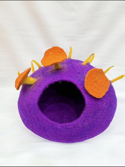 50cm Handmade Wool Cat Cocoon Bed / Cozy Cat Cave House,  Felted Cat House Handmade, Purple Flower Cave