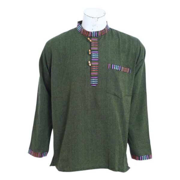 Handmade Lightweight Cotton Shirt | Unisex Thin Fabric Top | Summer Essential | Casual Style | Eco-Friendly Gift ! Classic Border, Nomadic Green