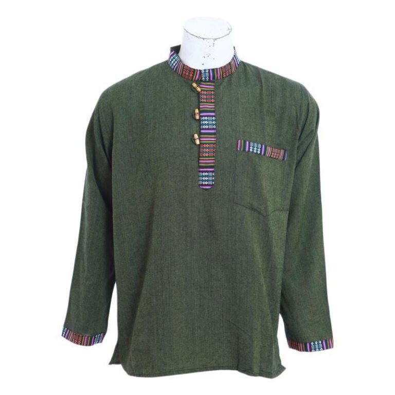 Handmade Lightweight Cotton Shirt | Unisex Thin Fabric Top | Summer Essential | Casual Style | Eco-Friendly Gift ! Classic Border, Nomadic Green