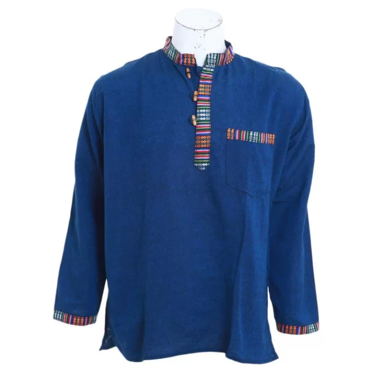 Fair Trade Handmade Lightweight Cotton Shirt | Unisex Thin Fabric Top | Summer Essential | Casual Style | Eco-Friendly Gift ! Classic Border, Nomadic Blue