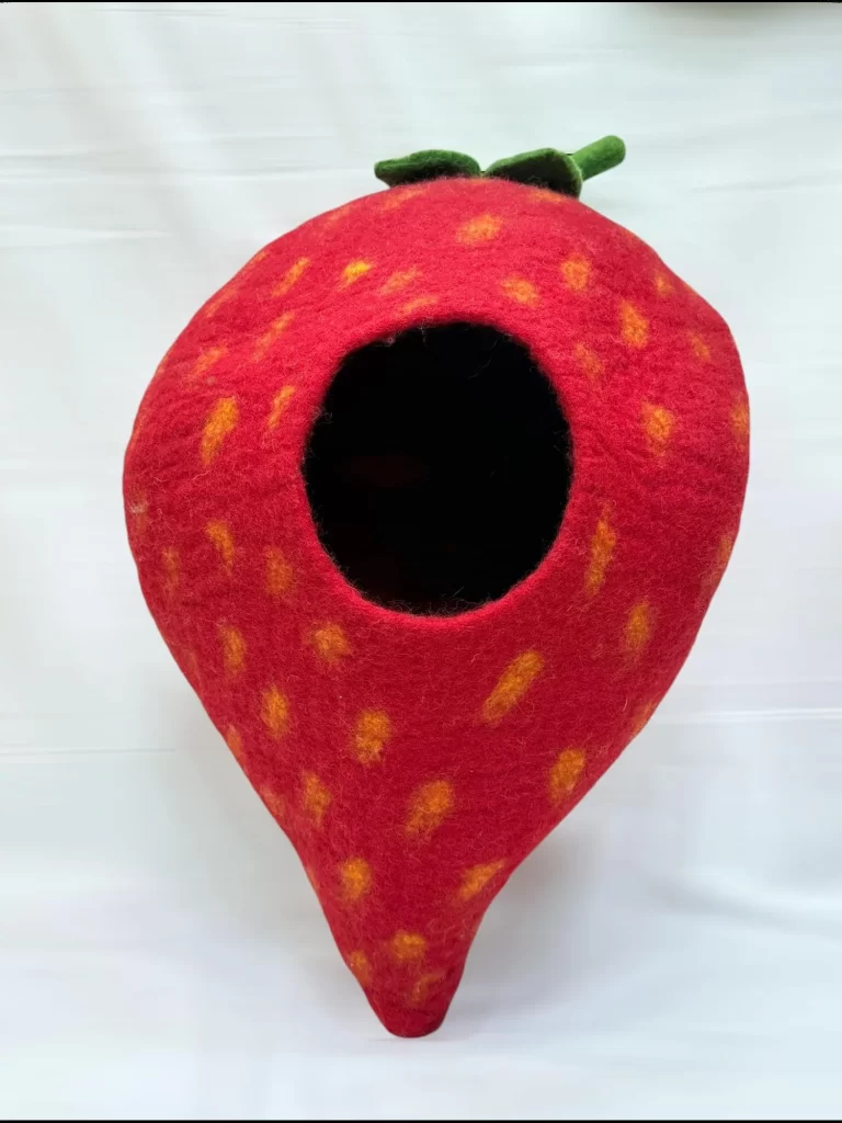 Strawberry Cat Cave - Handmade Felt Wool Kitty Bed - Cute Cat Cocoon