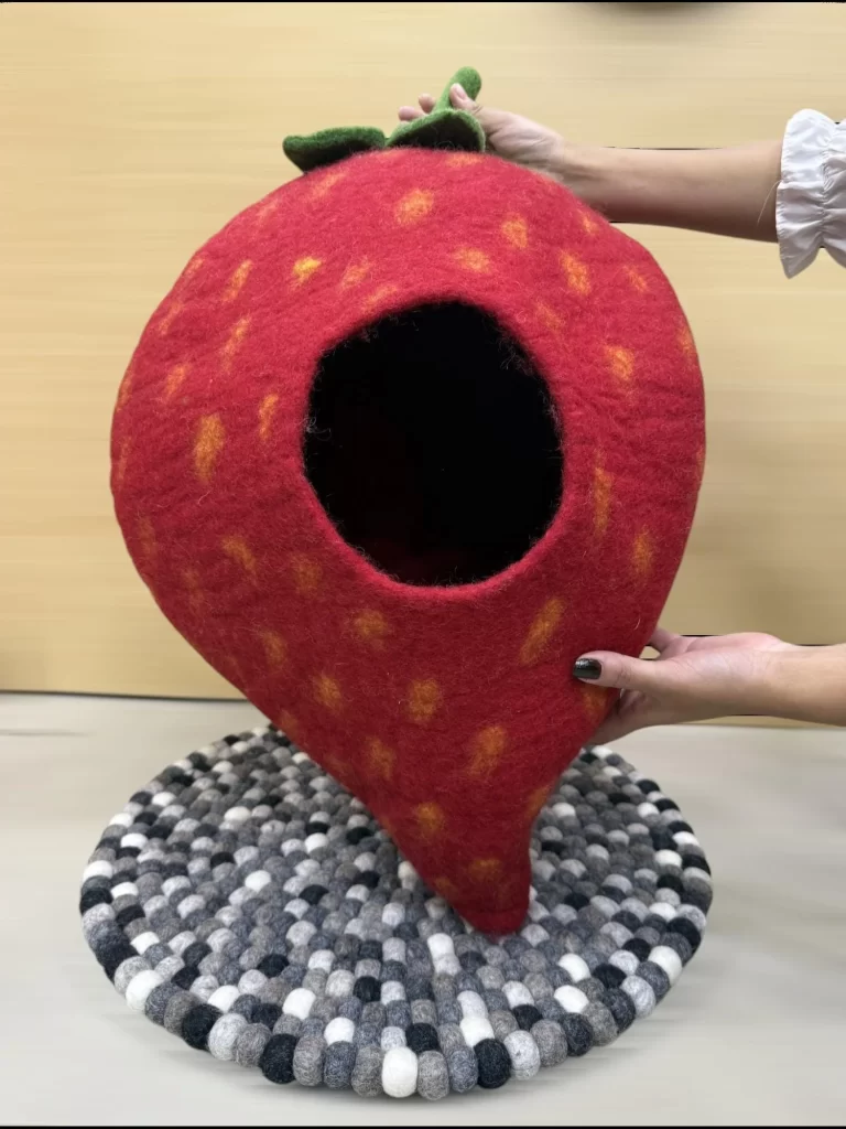 Strawberry Cat Cave - Handmade Felt Wool Kitty Bed - Cute Cat Cocoon