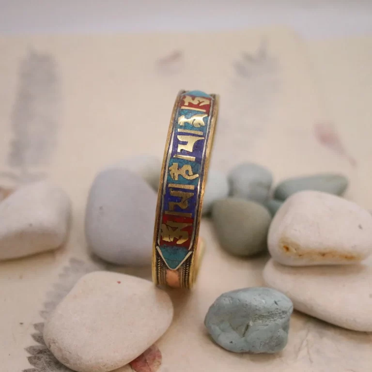 Pure Copper Bracelet - Tibetan Mantra Carved - Stone Inlay Copper Bracelet