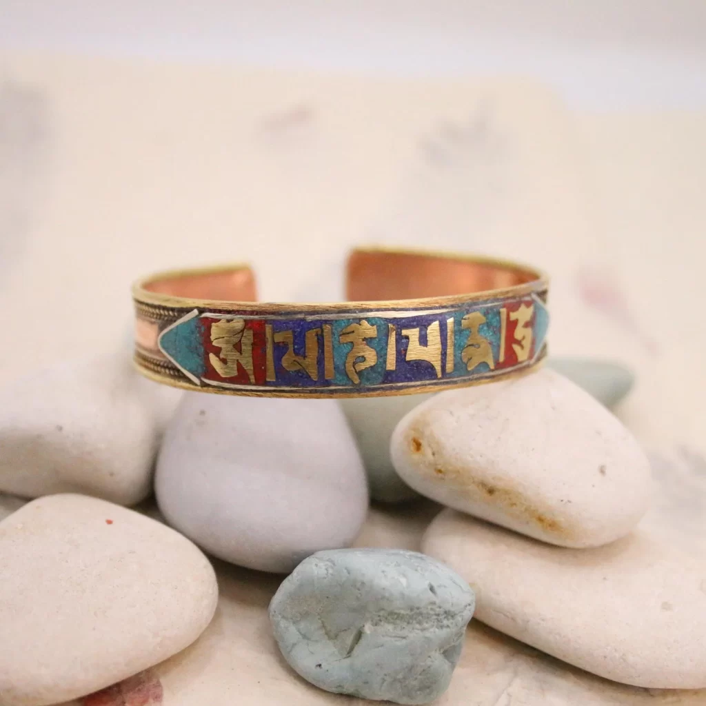 Pure Copper Bracelet - Tibetan Mantra Carved - Stone Inlay Copper Bracelet