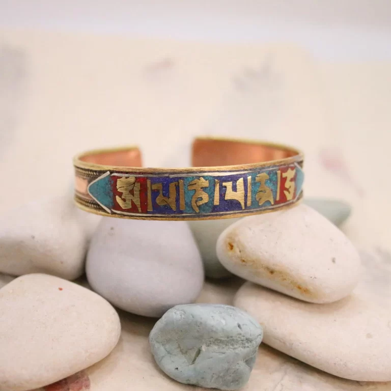 Pure Copper Bracelet - Tibetan Mantra Carved - Stone Inlay Copper Bracelet