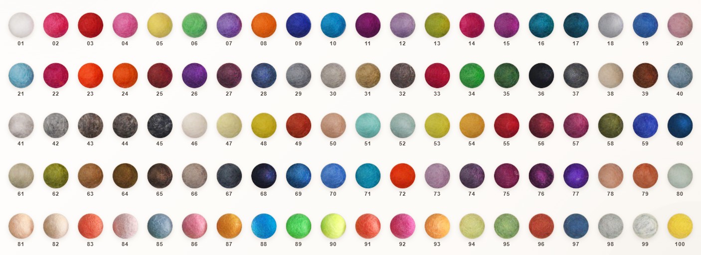 Numbered chart displaying 100 handmade wool felt ball colors available for garlands, nursery décor, DIY crafts, and creative projects
